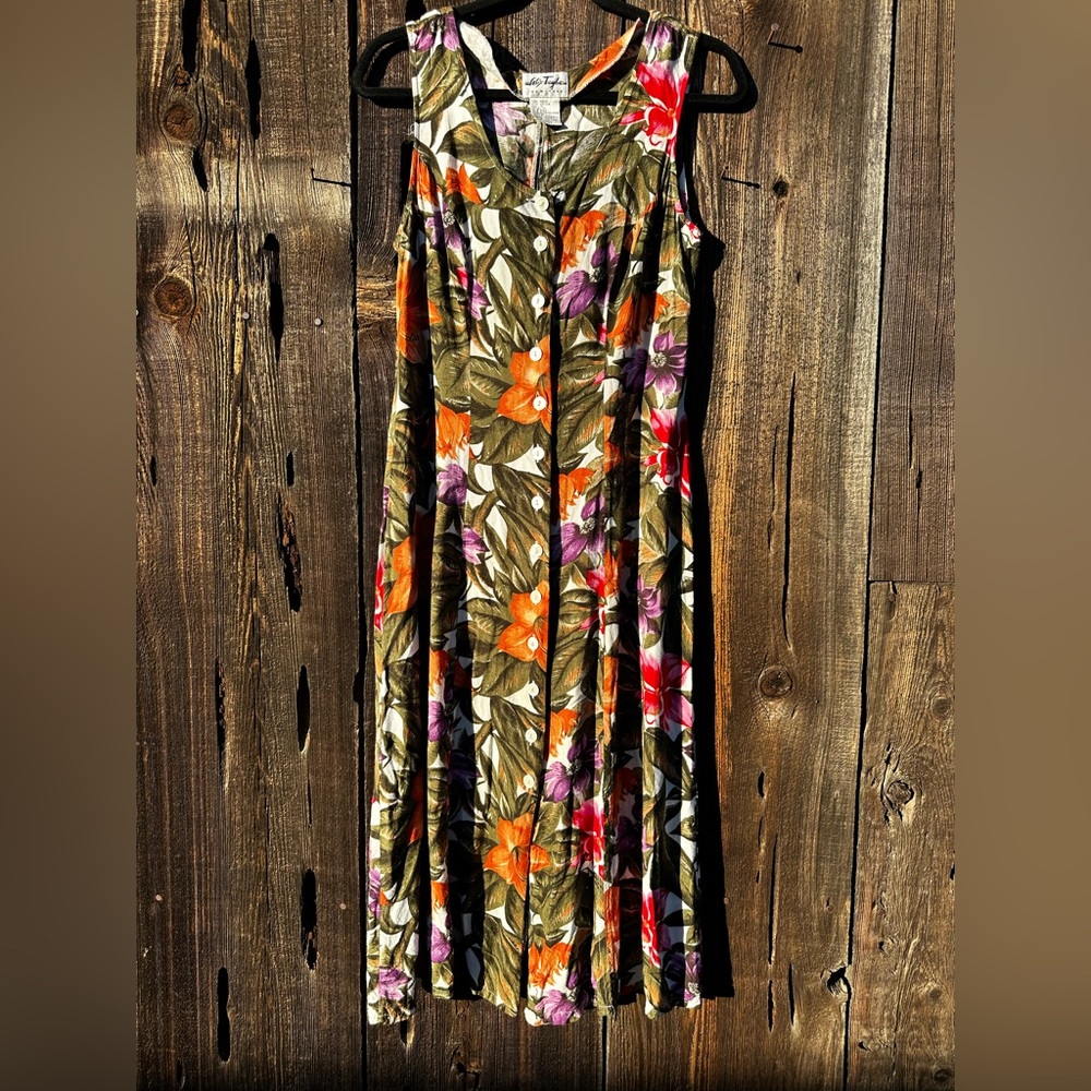 Alix Taylor New York Green Orange Purple Floral Tropical Button Down Maxi Dress